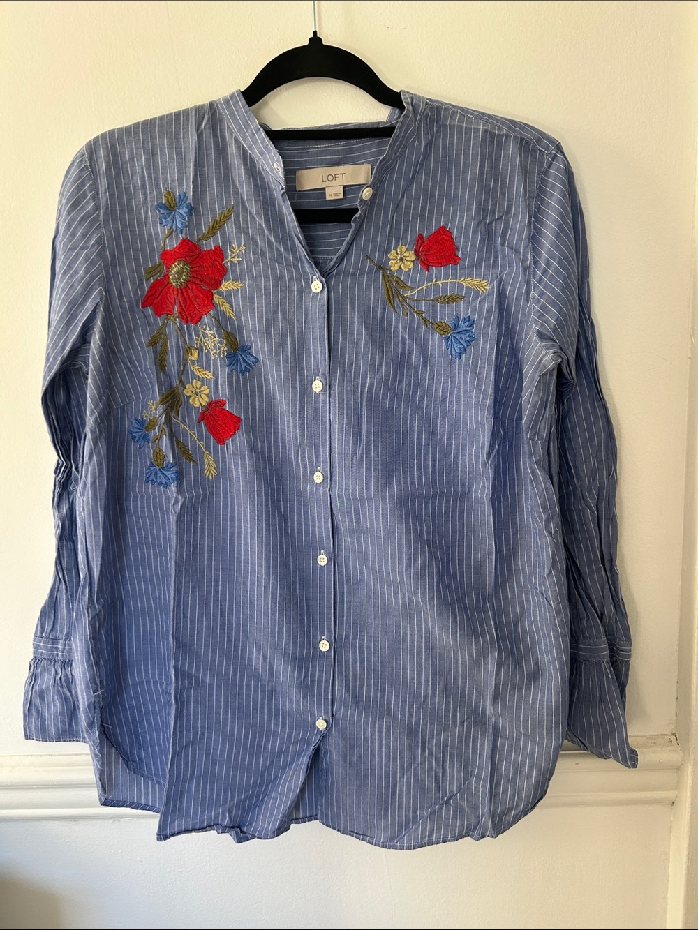 LOFT Light Blue Pinstripe Button-Up Shirt with Yellow Floral Detail